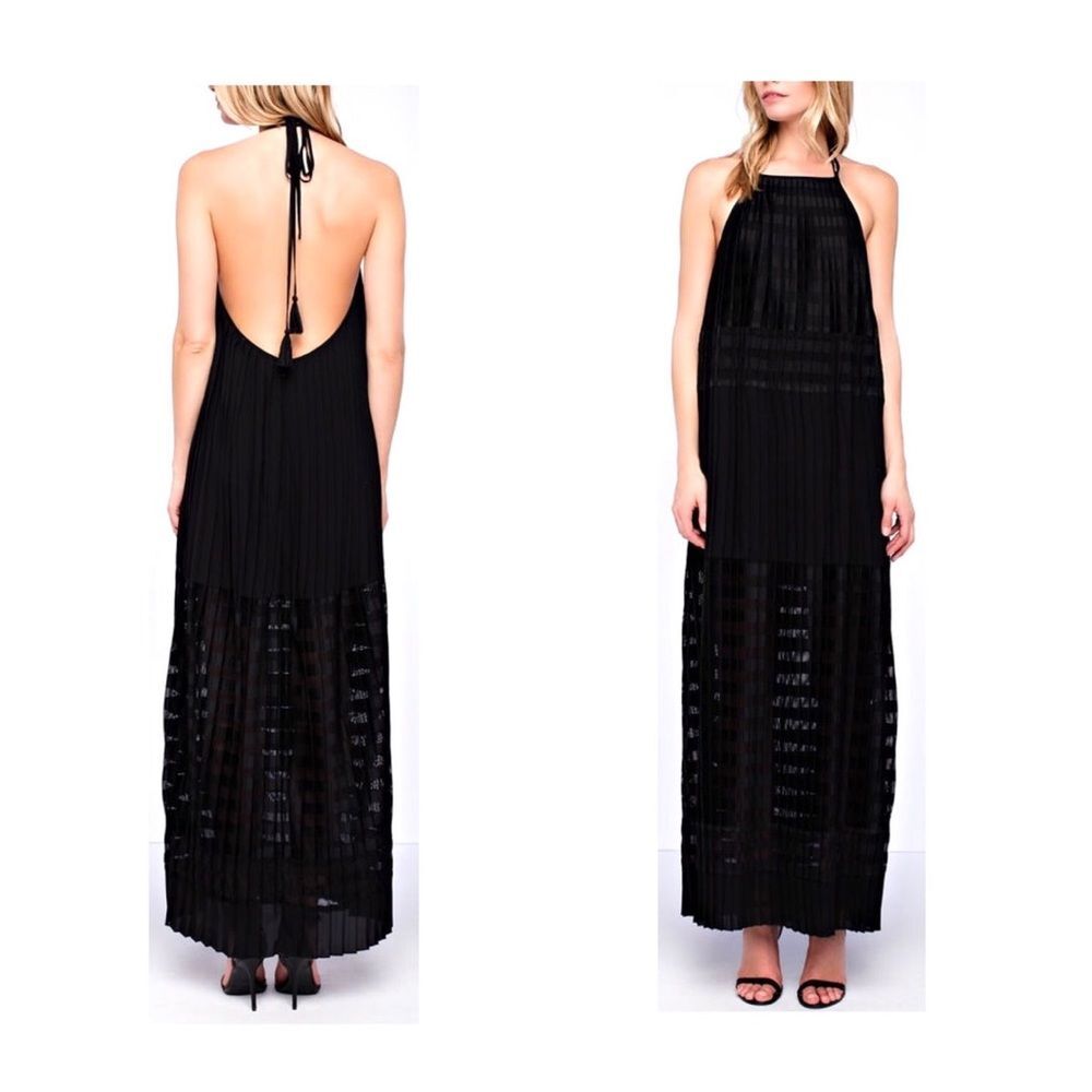 Endless Rose Black Open Back Pleated Maxi Dress NWT L 10 12 Formal Wedding Guest